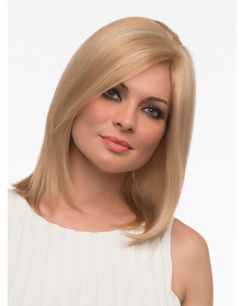 Blonde Straight Shoulder Length Without Bangs Monofilament Human Hair Women Wigs