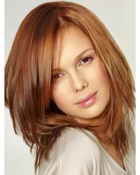 Fashionable Auburn Straight Shoulder Length Lace Front Human Hair Women Celebrity Wigs