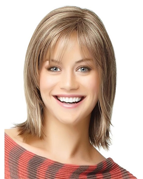 Mature Blonde Straight Shoulder Length  With Bangs Capless Human Hair Women Wigs