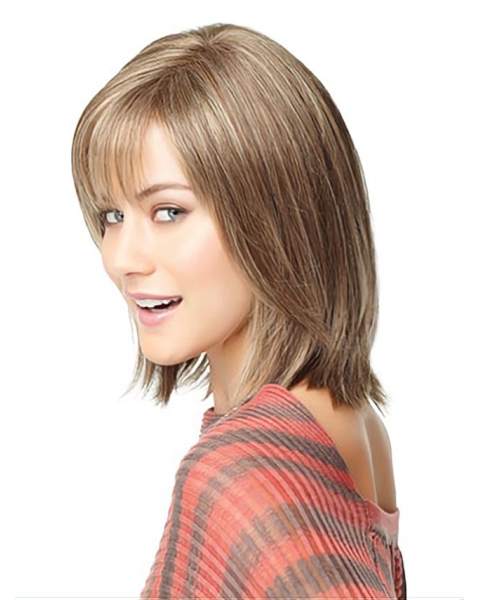 Mature Blonde Straight Shoulder Length  With Bangs Capless Human Hair Women Wigs