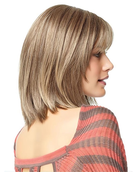 Mature Blonde Straight Shoulder Length  With Bangs Capless Human Hair Women Wigs