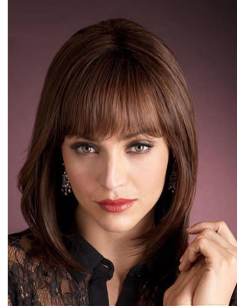 Online Auburn Straight Shoulder Length With Bangs Capless Human Hair Women Wigs