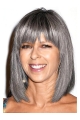  Straight Shoulder Length With Bangs Lace Front Human Hair Grey Wigs for Lady