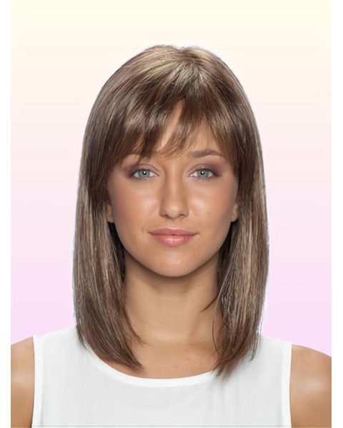 Pleasing  Straight Shoulder Length With Bangs Lace Front Human Hair Women Wigs