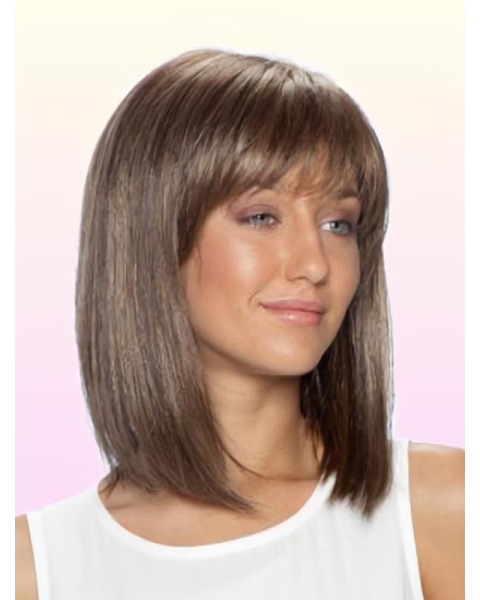 Pleasing  Straight Shoulder Length With Bangs Lace Front Human Hair Women Wigs