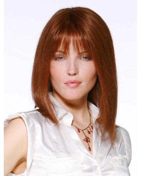 Tempting Auburn Straight Shoulder Length With Bangs Lace Front  Human Hair Women Wigs