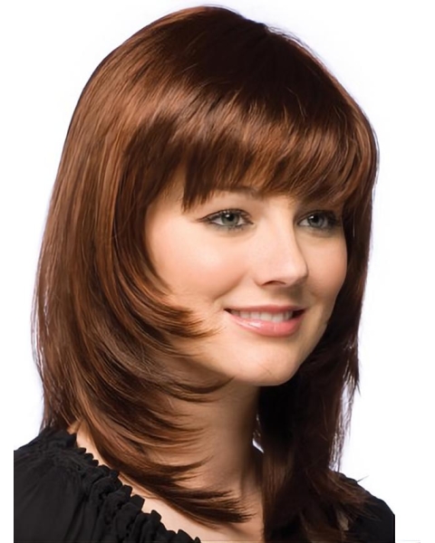 Fashionable Auburn Straight Shoulder Length With Bangs Capless Human Hair Women Wigs