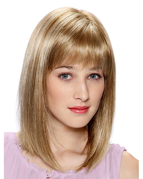 Elegant Blonde Straight Shoulder Length With Bangs Monofilament Human Hair Women Wigs