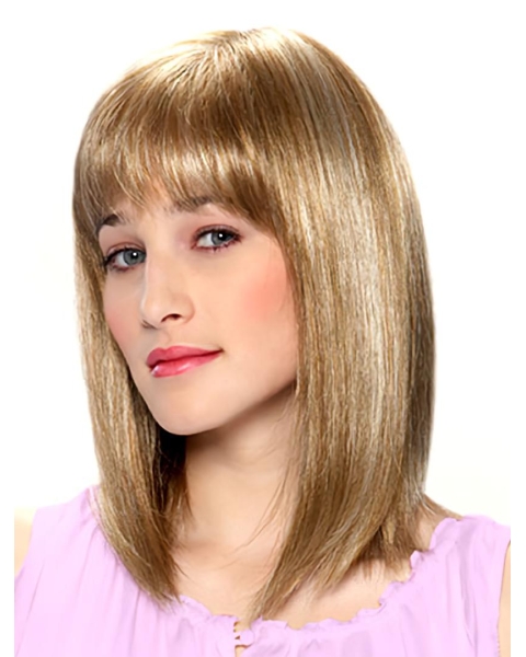 Elegant Blonde Straight Shoulder Length With Bangs Monofilament Human Hair Women Wigs