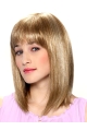 Elegant Blonde Straight Shoulder Length With Bangs Monofilament Human Hair Women Wigs