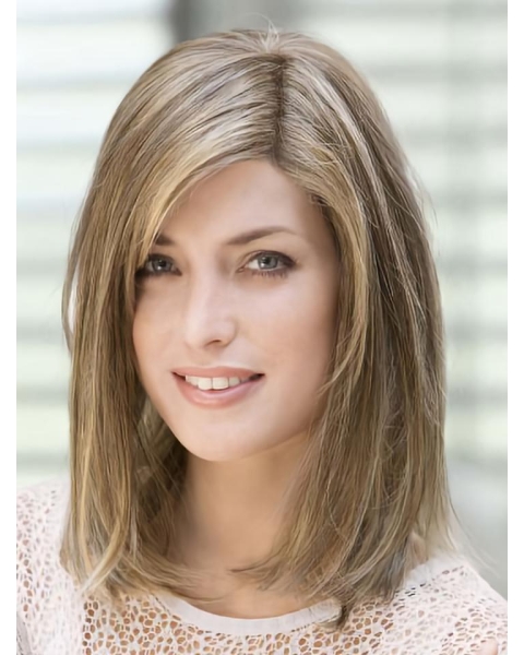 No-fuss Blonde Monofilament Straight Shoulder Length Human Hair Women Wigs For Cancer