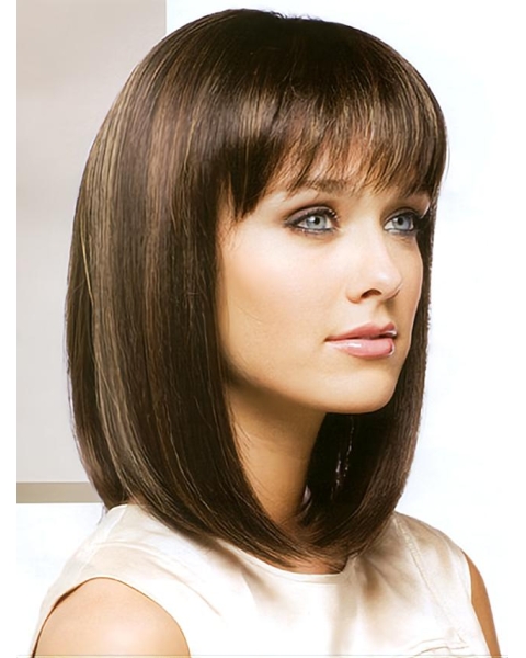 No-fuss Blonde Monofilament Shoulder Length Straight With Bangs Lace Synthetic Women Wigs