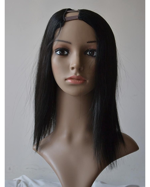 Trendy Black Straight Shoulder Length Lace Front Human Hair U Part Women Wigs