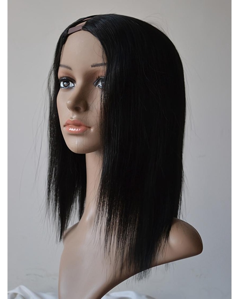 Trendy Black Straight Shoulder Length Lace Front Human Hair U Part Women Wigs