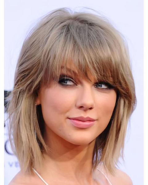 Beautiful Blonde Shoulder Length Straight  With Bangs Lace Synthetic Taylor Swift Inspired Women Wigs