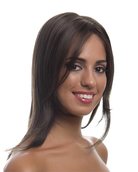 Brown Medium Straight Layered Lace Human Hair Women Wigs