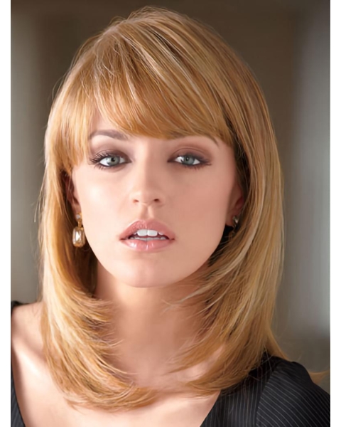 Hairstyles Blonde Straight With Bangs Shoulder Length Lace Front Synthetic Women Wigs