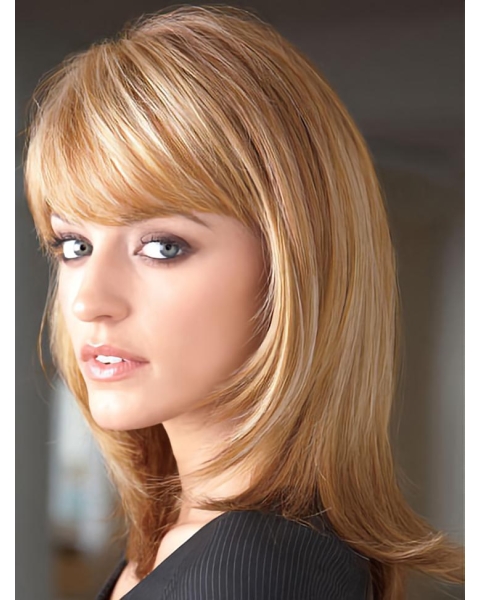 Hairstyles Blonde Straight With Bangs Shoulder Length Lace Front Synthetic Women Wigs