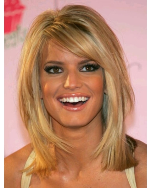 Sweet Cute Mid-length Straight with Bangs Lace Human Hair Jessica Simpson Wig 