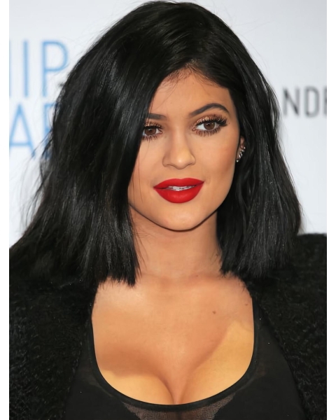 Affordable Shoulder Length Straight Black Synthetic Women Bobs Kylie Jenner Inspired Wigs