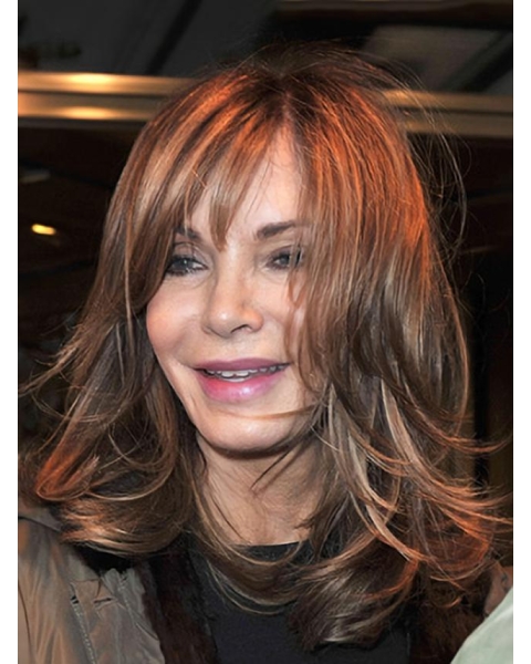 Mid-length Layered Straight with Wispy Bangs Full Lace Human Hair Jacklyn Smith Wigs