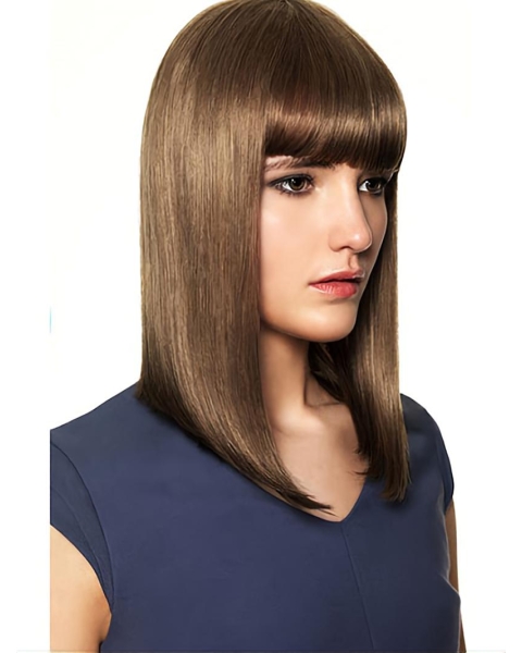 Stylish Brown Straight With Bangs Shoulder Length Capless Human Hair Women Wigs