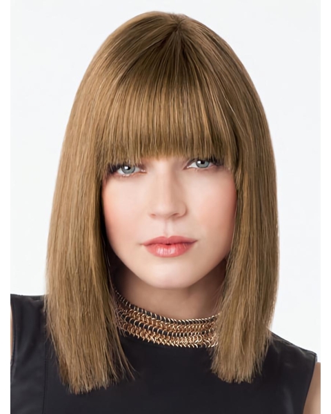 Stylish Lace Front Straight Shoulder Length With Bangs Lace Front Remy Human Hair Women Wigs