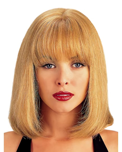 Refined Blonde Monofilament Straight Shoulder Length With Bangs Lace Human Hair Women Wigs