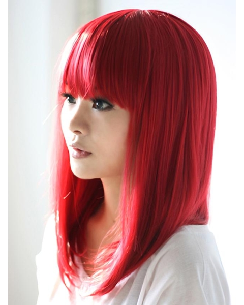 Red Straight Shoulder Length With Neat Bangs Capless Girl's Human Hair Wigs