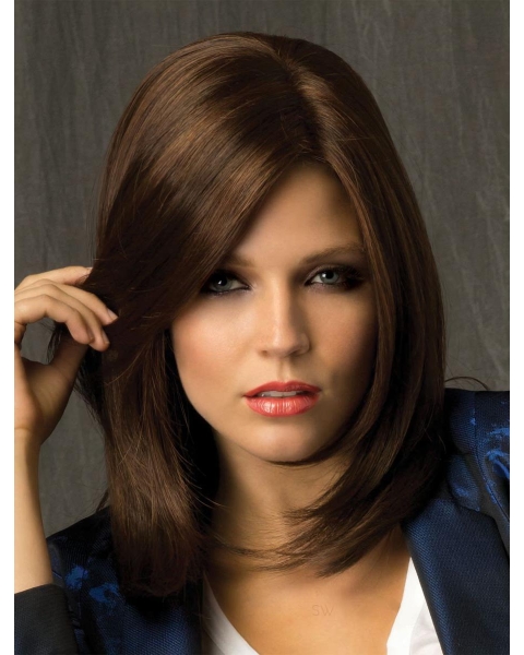 Refined Brown Straight Shoulder Length Lace Synthetic Women Wigs