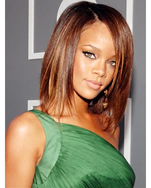  Decent and Simple Mid-length Layered Straight Lace Human Hair Rihanna Wig