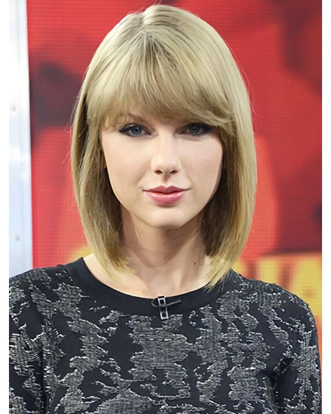 New Design Blonde Shoulder Length Straight  With Bangs Hand Tied Synthetic Taylor Swift Inspired Women Wigs