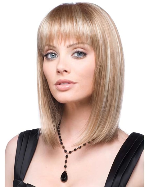 Discount Blonde Straight Shoulder Length With Bangs Lace Front Synthetic Women Wigs