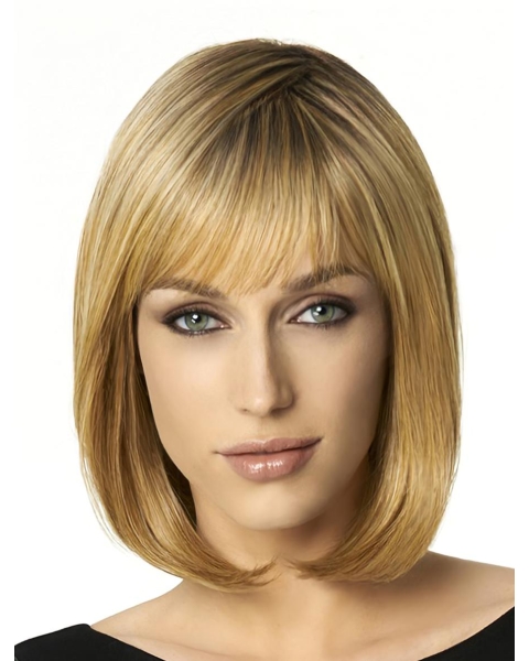 Medium  Blonde Straight With Bangs Capless Bobs Synthetic Trendy Wigs