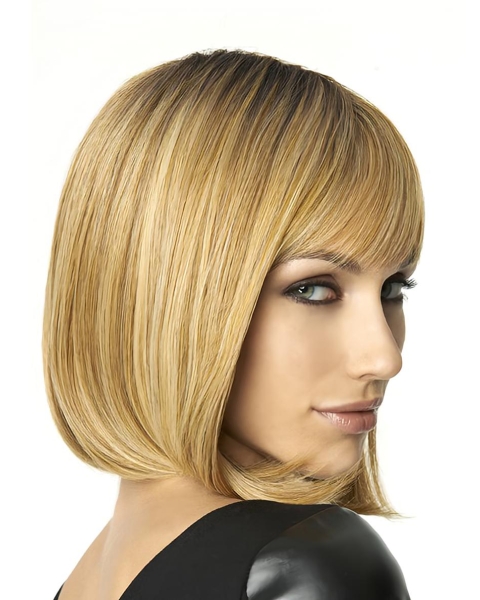 Medium  Blonde Straight With Bangs Capless Bobs Synthetic Trendy Wigs