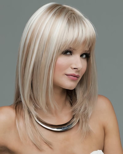 High Quality Blonde Straight With Bangs Shoulder Length Lace Front Synthetic Women Wigs