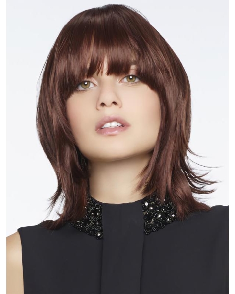 Amazing Auburn Shoulder Length Straight With Bangs Capless High Quality Human Hair Women Wigs