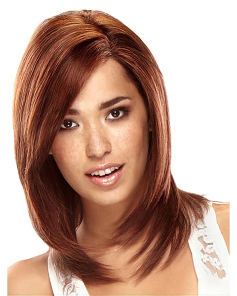 Exquisite Auburn Straight Shoulder Length Lace Front Human Hair Women Wigs