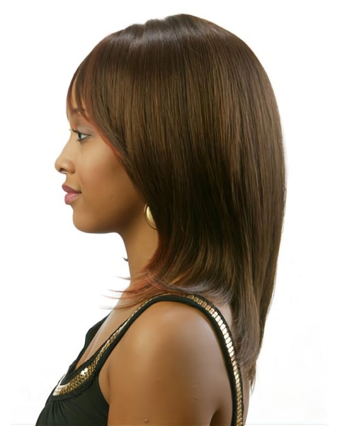 Beautiful Brown Straight With Bangs Shoulder Length Capless Human Hair African American Women Wigs