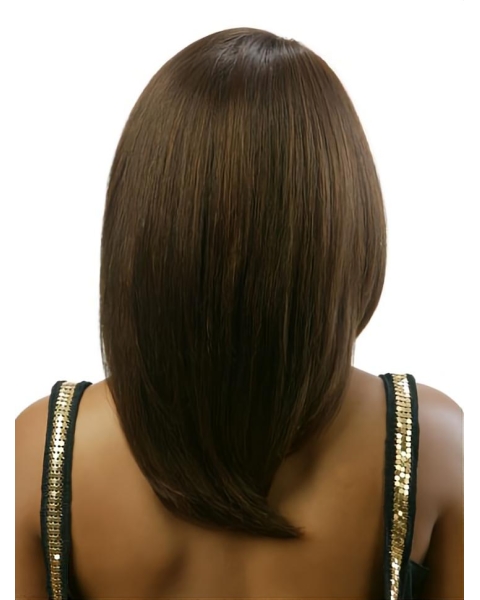 Beautiful Brown Straight With Bangs Shoulder Length Capless Human Hair African American Women Wigs