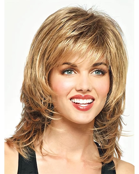 Fashionable Blonde Medium Straight Capless Synthetic Women Wigs