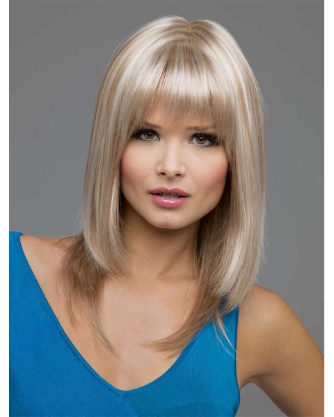 Ideal Blonde Straight With Bangs Shoulder Length Lace Front Synthetic Women Wigs