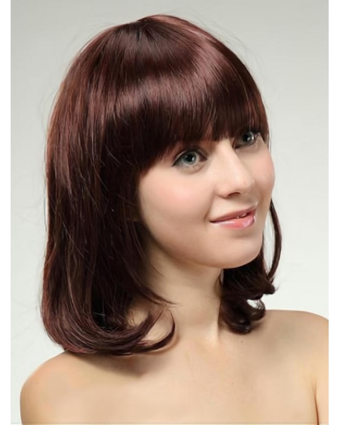 Fashionable Auburn Straight Shoulder Length With Bangs Capless Human Hair Women Wigs