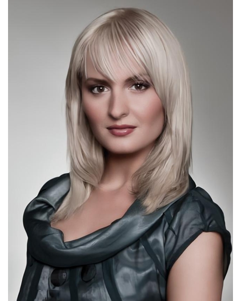 Young Fashion Shoulder Length Straight With Bangs Lace Front Synthetic Women Grey Wigs