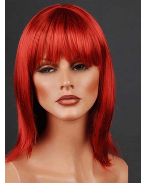 Red Shoulder Length Straight With Neat Bangs Monofilament Synthetic Women Wigs