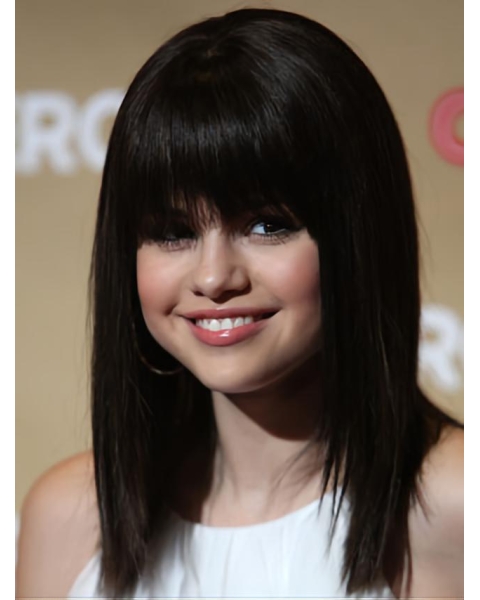 Cool Black Shoulder Length Straight With Bangs Capless Synthetic Celebrity Women Wigs