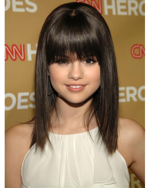 Cool Black Shoulder Length Straight With Bangs Capless Synthetic Celebrity Women Wigs