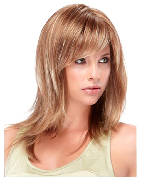 Convenient Brown Straight With Bangs Medium Synthetic Women Wigs