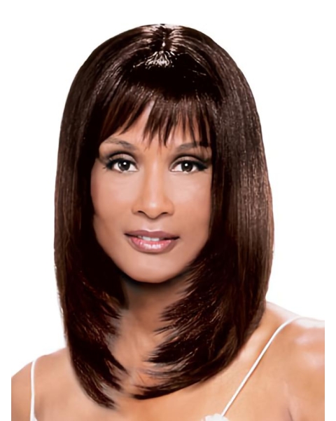  Young and Modern Mid-length Layered Straight with Bangs Lace Front Human Hair Beverly Johnson Wig 