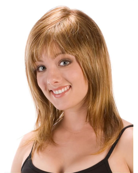 Convenient Blonde Straight Shoulder Length With Bangs Capless Synthetic Women Wigs